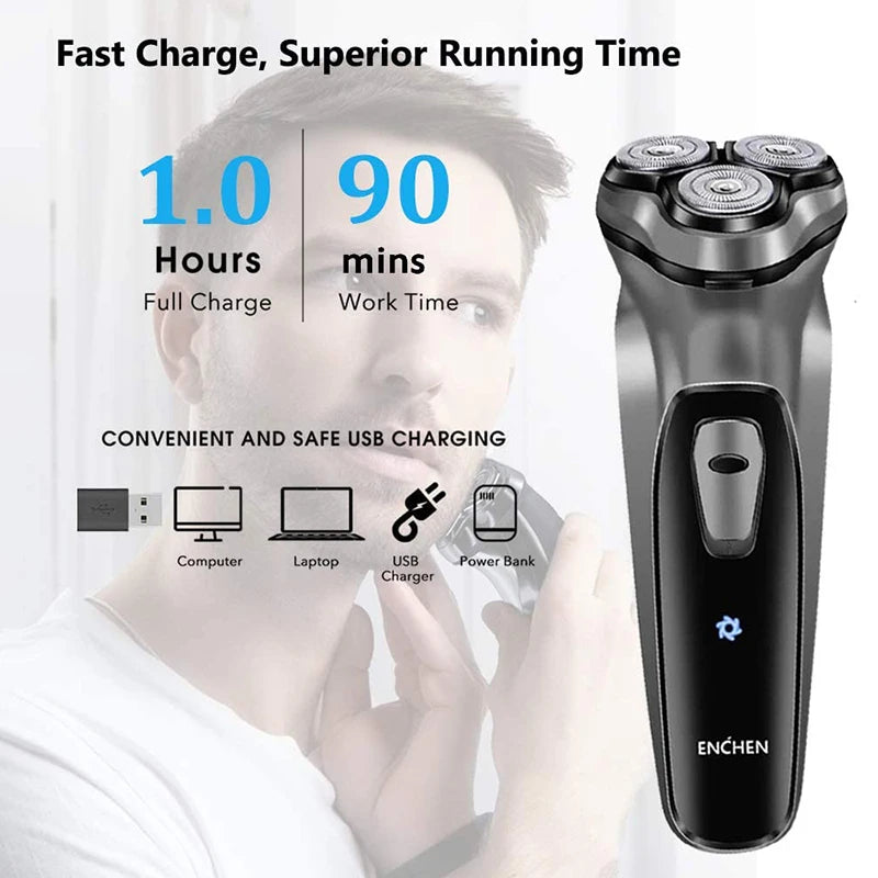 Rasoir Électrique Rotatif ENCHEN Blackstone – 3 Têtes Flottantes, USB-C, 85 Min d'Autonomie