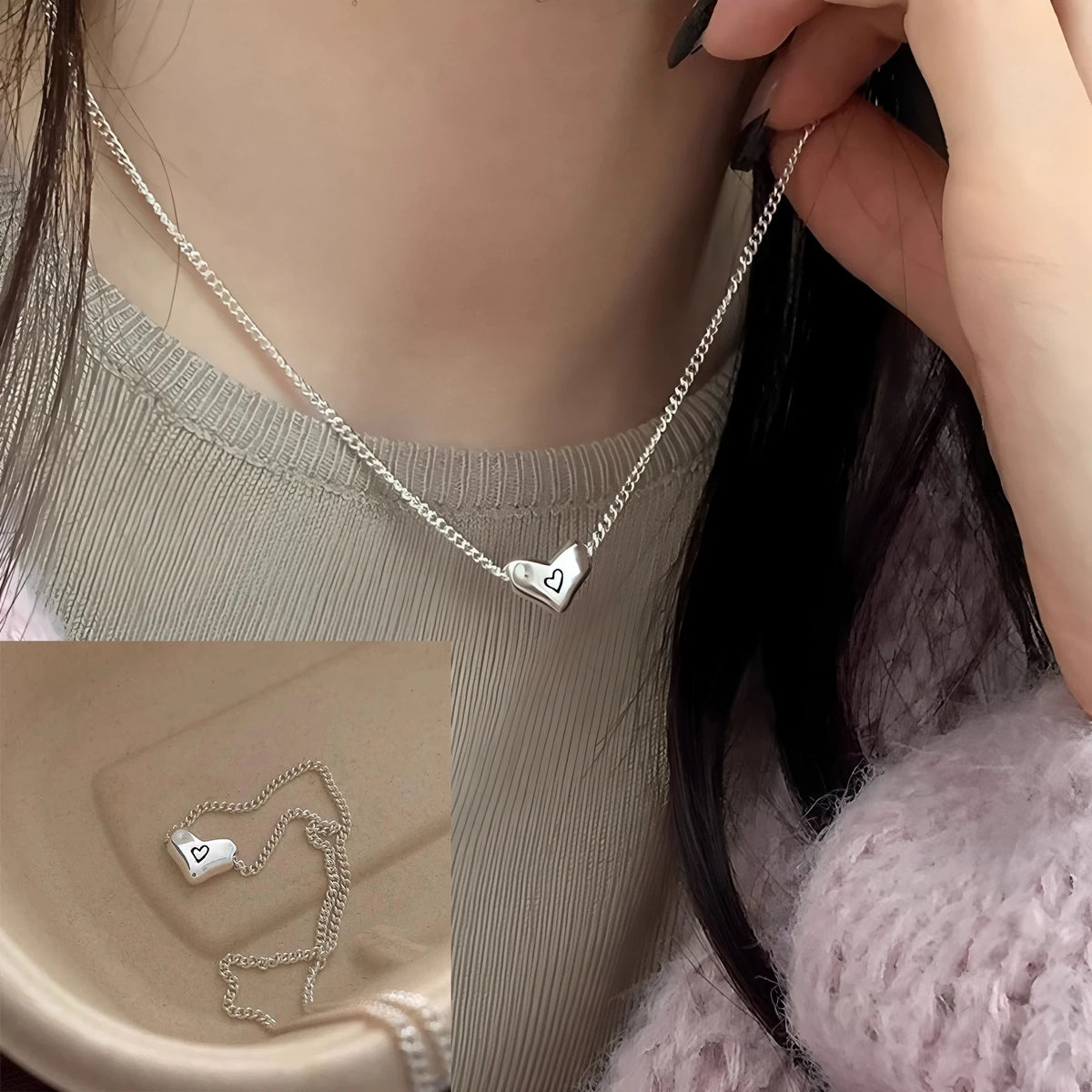 Collier Cœur Asymétrique en Argent 925 – Style Hip Hop, Bijou Femme, Idée Cadeau