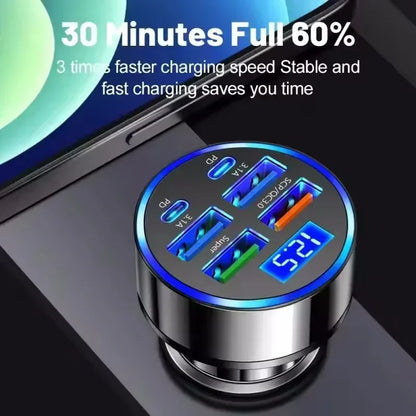 Chargeur Voiture Rapide 350W – 6 Ports USB-C & USB-A, Compatible iPhone Samsung Huawei