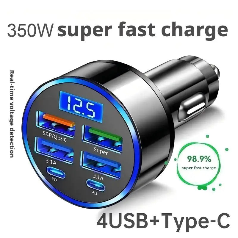 Chargeur Voiture Rapide 350W – 6 Ports USB-C & USB-A, Compatible iPhone Samsung Huawei