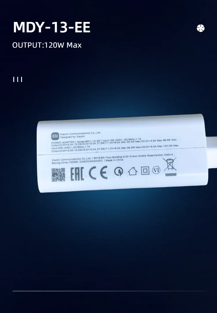 Chargeur Xiaomi Original 120W GaN – Charge Turbo USB-C, Compatible Xiaomi Redmi Mi Series